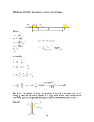34
b) la fuerza de fricción que retarda el movimiento del bloque.
Vb Vb
fk S fk
Datos:
[ ]
[ ]
[ ]
?
?
20
100
0,5
0,2
=
=
=



=
=
=
f
V
kgm
seg
mv
gm
mS
B
B
b
b
( )
seg
m
mm
m
vV
Vmmvm
bB
b
bB
bBbbb
025,0.
.0
=





+
=
+=+
ahora bien:
[ ]
[ ]
[ ]N
m
seg
m
kg
S
V
mf
S
V
m
f
a
a
V
a
V
a
a
V
VS
a
V
ttaV
tatVS
B
B
B
B
BBB
B
B
B
B
003,0
2.2
)025,0(
.20
.2
..,
2
.2
.
2
1
.
;.0
.
2
1
.
2
22
22
2
2
2
2
=




==∴⇒==
=−=
=⇒−=
−=
Pb. 5. 03.- Una pelota de 500gr, se aproxima a un bate a una velocidad de 30
m/seg, y después de chocar regresa a lo largo de la misma línea con la misma
velocidad. ¿de que magnitud fue el impulso ejercido por el bate contra la bola?.
Solución: v
J
V
 