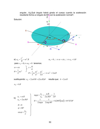 50
angular., b)¿Qué ángulo habrá girado el cuerpo cuando la aceleración
resultante forma un ángulo de 60° con la aceleración normal?.
Z
Solución:
α
ω
θ
a
r
θ v
aT
φ
aR φ
v a
r
aT
a) R
R
v
aR .2
2
ω== θαω ..,.,00 kacte R =∴⇒=∴⇒=
para 0;0 00 =⇒= ωv tenemos:
2
.
2
1
.
t
t
αθ
αω
=
=
θαω
α
ω
α
ω
αθ
α
ω
..2.,
.2
.
2
1 2
2
2
2
=∴⇒==
=t
sustituyendo: θαθα )...2(...2 RRaR == resulta que: Rk ..2α=
θ.kaR =
b)
θα
α
...2
.
Ra
Ra
R
T
=
=
[ ] "24'32162887,0
60..2
1
.2
1
.2
1
...2
.
°==
°
==
===
rad
tagtag
R
R
a
a
tag
R
T
ϕ
θ
θθα
α
ϕ
a
aR
=
°=
=
ϕ
ϕ
θ
cos
60
0
 