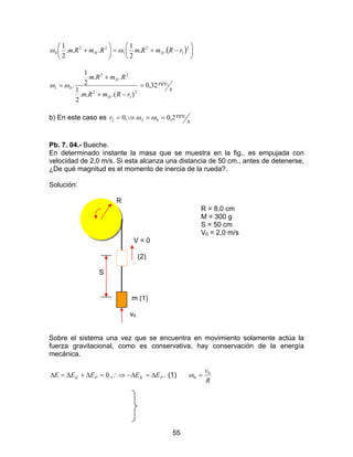 55
( ) 





−+=





+
2
1
2
1
22
0 ..
2
1
...
2
1
rRmRmRmRm HH ωω
s
rev
rRmRm
RmRm
H
H
.32,0
).(..
2
1
..
2
1
.
2
1
2
22
01 =
−+
+
= ωω
b) En este caso es
s
revr .2,0,0 022 ==⇒= ωω
Pb. 7. 04.- Bueche.
En determinado instante la masa que se muestra en la fig., es empujada con
velocidad de 2,0 m/s. Si esta alcanza una distancia de 50 cm., antes de detenerse,
¿De qué magnitud es el momento de inercia de la rueda?.
Solución:
R
R = 8,0 cm
M = 300 g
S = 50 cm
V0 = 2,0 m/s
V = 0
(2)
S
m (1)
v0
Sobre el sistema una vez que se encuentra en movimiento solamente actúa la
fuerza gravitacional, como es conservativa, hay conservación de la energía
mecánica.
..,0 PKPK EEEEE ∆=∆−∴⇒=∆+∆=∆ (1)
R
v0
0 =ω
 