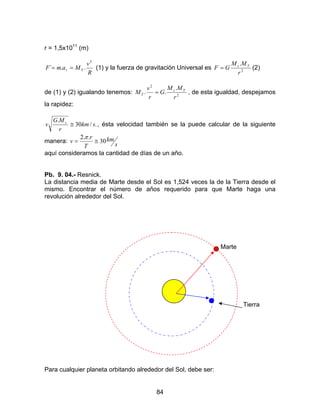 84
r = 1,5x1011
(m)
R
v
MamF Tr
2
..´ == (1) y la fuerza de gravitación Universal es 2
.
r
MM
GF Ts
= (2)
de (1) y (2) igualando tenemos: 2
2
.
..
r
MM
G
r
v
M Ts
T = , de esta igualdad, despejamos
la rapidez:
./30
.
skm
r
MG
v s
≅ , ésta velocidad también se la puede calcular de la siguiente
manera:
s
km
T
r
v 30
..2
≅=
π
aquí consideramos la cantidad de días de un año.
Pb. 9. 04.- Resnick.
La distancia media de Marte desde el Sol es 1,524 veces la de la Tierra desde el
mismo. Encontrar el número de años requerido para que Marte haga una
revolución alrededor del Sol.
Marte
rr
Tierra
Para cualquier planeta orbitando alrededor del Sol, debe ser:
 