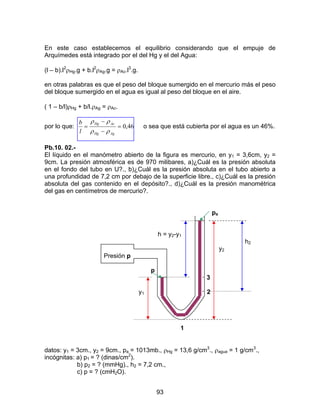 93
En este caso establecemos el equilibrio considerando que el empuje de
Arquímedes está integrado por el del Hg y el del Agua:
(l – b).l2
ρHg.g + b.l2
ρAg.g = ρAc.l3
.g.
en otras palabras es que el peso del bloque sumergido en el mercurio más el peso
del bloque sumergido en el agua es igual al peso del bloque en el aire.
( 1 – b/l)ρHg + b/l.ρAg = ρAc.
por lo que: 46,0=
−
−
=
AgHg
AcHg
l
b
ρρ
ρρ
o sea que está cubierta por el agua es un 46%.
Pb.10. 02.-
El líquido en el manómetro abierto de la figura es mercurio, en y1 = 3,6cm, y2 =
9cm. La presión atmosférica es de 970 milibares, a)¿Cuál es la presión absoluta
en el fondo del tubo en U?., b)¿Cuál es la presión absoluta en el tubo abierto a
una profundidad de 7,2 cm por debajo de la superficie libre., c)¿Cuál es la presión
absoluta del gas contenido en el depósito?., d)¿Cuál es la presión manométrica
del gas en centímetros de mercurio?.
pa
h = y2-y1
h2
y2
Presión p
p
3
y1 2
1
datos: y1 = 3cm., y2 = 9cm., pa = 1013mb., ρHg = 13,6 g/cm3
., ρagua = 1 g/cm3
.,
incógnitas: a) p1 = ? (dinas/cm2
).
b) p2 = ? (mmHg)., h2 = 7,2 cm.,
c) p = ? (cmH2O).
 