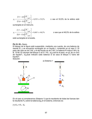 97
( )
( )
%5,53535,0
9,06,13
9,07,7
3
3
2 ⇒=



−



−
=
cm
gf
cm
gf
p o sea el 53,5% de la esfera está
sumergida en el mercurio.
( )
( )
%5,46465,0
6,139,0
6,137,7
3
3
1 ⇒=



−



−
=
cm
gf
cm
gf
p o sea que el 46,5% de la esfera
está sumergida en el aceite.
Pb.10. 05.- Sears.
El bloque de la figura está suspendido, mediante una cuerda, de una balanza de
resorte R, y se encuentra sumergido en un líquido L contenido en el vaso V. El
peso del vaso es de 2 lbf, y el del líquido es de 3 lbf. La balanza R indica 5 lbf y la
B, 15 lbf. El volumen del bloque C es 0,1 ft3., a)¿cuál es el peso, en gf, de un cm3
de líquido?., b)¿Qué indicará cada balanza si se saca el bloque C fuera del
líquido?.
Solución:
a) Sistema 1
R R
C δL FR
V
L EL
PC
B
En el caso a) consideramos (Sistema 1) que la resultante de todas las fuerzas dan
la resultante FR sobre la balanza R, en el sistema, entonces es:
(1) FR = PC - EL
 