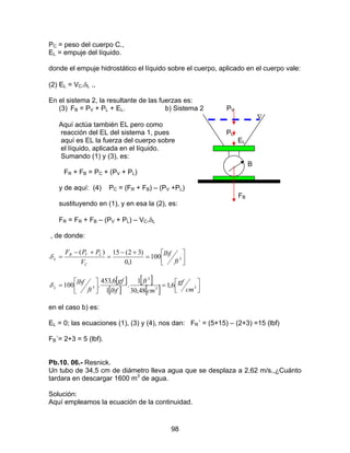 98
PC = peso del cuerpo C.,
EL = empuje del líquido.
donde el empuje hidrostático el líquido sobre el cuerpo, aplicado en el cuerpo vale:
(2) EL = VC.δL .,
En el sistema 2, la resultante de las fuerzas es:
(3) FB = PV + PL + EL. b) Sistema 2 PV
∇
Aquí actúa también EL pero como
reacción del EL del sistema 1, pues PL
aquí es EL la fuerza del cuerpo sobre EL
el líquido, aplicada en el líquido.
Sumando (1) y (3), es:
B
FR + FB = PC + (PV + PL)
y de aquí: (4) PC = (FR + FB) – (PV +PL)
FB
sustituyendo en (1), y en esa la (2), es:
FR = FR + FB – (PV + PL) – VC.δL
, de donde:




=
+−
=
+−
= 3100
1,0
)32(15)(
ft
lbf
V
PPF
C
LVB
Lδ
[ ]
[ ]
[ ]
[ ] 


=



= 33
3
3 6,1
48,30
1
.
1
6,453
.100
cm
gf
cm
ft
lbf
gf
ft
lbf
Lδ
en el caso b) es:
EL = 0; las ecuaciones (1), (3) y (4), nos dan: FR´ = (5+15) – (2+3) =15 (lbf)
FB´= 2+3 = 5 (lbf).
Pb.10. 06.- Resnick.
Un tubo de 34,5 cm de diámetro lleva agua que se desplaza a 2,62 m/s.,¿Cuánto
tardara en descargar 1600 m3
de agua.
Solución:
Aquí empleamos la ecuación de la continuidad.
 