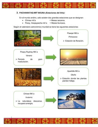 3. PACHAWATAQ MIT’AKUNA (Estaciones del Año):
En el mundo andino, solo existen dos grandes estaciones que se designan:
• Chiraw mit’a = Meses secanos.
• Paray, Awqaypacha mit´a = Meses lluviosos.
Según el calendario astronómico mundial se tiene las siguientes estaciones:
Pawqar Mit´a
Primavera
➢ Estación de floración.
Poqoy Ruphay Mit´a
Verano
➢ Periodo de gran
maduración.
Aparkilla Mit´a
Otoño
➢ Estación donde las plantas
pierden follaje.
Chiraw Mit´a
Invierno
➢ La naturaleza descansa,
recupera energía.
 