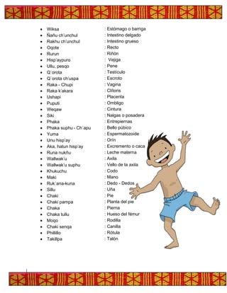 • Wiksa : Estómago o barriga
• Ñañu ch’unchul : Intestino delgado
• Rakhu ch’unchul : Intestino grueso
• Oqote : Recto
• Rurun : Riñón
• Hisp’aypuro : Vejiga
• Ullu, pesqo : Pene
• Q`orota : Testículo
• Q`orota ch’uspa : Escroto
• Raka - Chupi : Vagina
• Raka k’akara : Clítoris
• Ushapi : Placenta
• Puputi : Ombligo
• Weqaw : Cintura
• Siki : Nalgas o posadera
• Phaka : Entrepiernas
• Phaka suphu - Ch´apu : Bello púbico
• Yuma : Espermatozoide
• Unu hisp’ay : Orín
• Aka, hatun hisp’ay : Excremento o caca
• Runa nukñu : Leche materna
• Wallwak’u : Axila
• Wallwak’u suphu : Vello de la axila
• Khukuchu : Codo
• Maki : Mano
• Ruk´ana-kuna : Dedo - Dedos
• Sillu : Uña
• Chaki : Pie
• Chaki pampa : Planta del pie
• Chaka : Pierna
• Chaka tullu : Hueso del fémur
• Moqo : Rodilla
• Chaki senqa : Canilla
• Phillillo : Rótula
• Takillpa : Talón
 