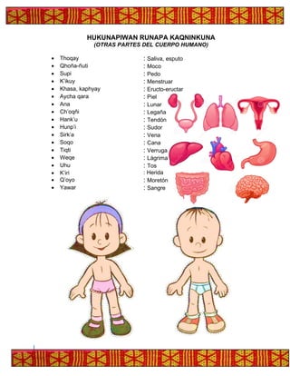 HUKUNAPIWAN RUNAPA KAQNINKUNA
(OTRAS PARTES DEL CUERPO HUMANO)
• Thoqay : Saliva, esputo
• Qhoña-ñuti : Moco
• Supi : Pedo
• K’ikuy : Menstruar
• Khasa, kaphyay : Eructo-eructar
• Aycha qara : Piel
• Ana : Lunar
• Ch’oqñi : Legaña
• Hank’u : Tendón
• Hunp’i : Sudor
• Sirk’a : Vena
• Soqo : Cana
• Tiqti : Verruga
• Weqe : Lágrima
• Uhu : Tos
• K’iri : Herida
• Q’oyo : Moretón
• Yawar : Sangre
 