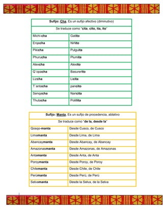 Sufijo: Cha, Es un sufijo afectivo (diminutivo)
Se traduce como “cita, cito, ita, ito”
Michi-cha Gatito
Erqecha Niñito
Pikicha Pulguita
Phurucha Plumita
Alexcha Alexito
Q´opacha Basurerito
Lizcha Licita
T´antacha pancito
Senqacha Naricita
Thutacha Polillita
Sufijo: Manta, Es un sufijo de procedencia, ablativo
Se traduce como “de la, desde la”
Qosqo-manta Desde Cusco, de Cusco
Limamanta Desde Lima, de Lima
Abancaymanta Desde Abancay, de Abancay
Amazonasmanta Desde Amazonas, de Amazonas
Antamanta Desde Anta, de Anta
Poroymanta Desde Poroy, de Poroy
Chilemanta Desde Chile, de Chile
Perúmanta Desde Perú, de Perú
Selvamanta Desde la Selva, de la Selva
 