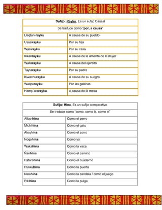 Sufijo: Rayku, Es un sufijo Causal
Se traduce como “por, a causa”
Llaqtan-rayku A causa de su pueblo
Ususirayku Por su hija
Wasirayku Por su casa
Inkanrayku A causa de la amante de la mujer
Wallarayku A causa del ejercito
Taytarayku Por su padre
Kiwachurayku A causa de su suegro
Wallparayku Por las gallinas
Hamp´ararayku A causa de la mesa
Sufijo: Hina, Es un sufijo comparativo
Se traduce como “como, como la, como el”
Allqo-hina Como el perro
Michihina Como el gato
Atoqhina Como el zorro
Noqahina Como yo
Wakahina Como la vaca
Ñanhina Como el camino
Patarahina Como el cuaderno
Punkuhina Como la puerta
Ninahina Como la candela / como el juego
Pikihina Como la pulga
 