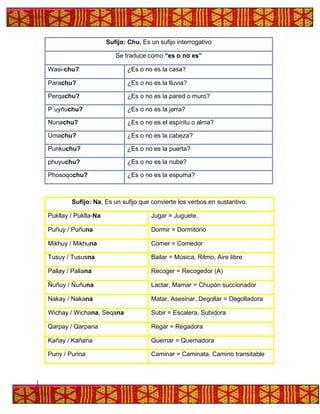Sufijo: Chu, Es un sufijo interrogativo
Se traduce como “es o no es”
Wasi-chu? ¿Es o no es la casa?
Parachu? ¿Es o no es la lluvia?
Perqachu? ¿Es o no es la pared o muro?
P´uyñuchu? ¿Es o no es la jarra?
Nunachu? ¿Es o no es el espíritu o alma?
Umachu? ¿Es o no es la cabeza?
Punkuchu? ¿Es o no es la puerta?
phuyuchu? ¿Es o no es la nube?
Phosoqochu? ¿Es o no es la espuma?
Sufijo: Na, Es un sufijo que convierte los verbos en sustantivo.
Pukllay / Puklla-Na Jugar = Juguete.
Puñuy / Puñuna Dormir = Dormitorio
Mikhuy / Mikhuna Comer = Comedor
Tusuy / Tususna Bailar = Música, Ritmo, Aire libre
Pallay / Pallana Recoger = Recogedor (A)
Ñuñuy / Ñuñuna Lactar, Mamar = Chupón succionador
Nakay / Nakana Matar, Asesinar, Degollar = Degolladora
Wichay / Wichana, Seqana Subir = Escalera, Subidora
Qarpay / Qarpana Regar = Regadora
Kañay / Kañana Quemar = Quemadora
Puriy / Purina Caminar = Caminata, Camino transitable
 