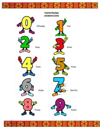 YUPAYKUNA
(NUMERACIÓN)
Chusaq Huk
Iskay Kinsa
Tawa Pisqa
Soqta Qanchis
Pusaq Esqon
 