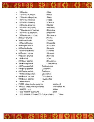 • 10 Chunka : Diez
• 11 Chunka hukniyuq : Once
• 12 Chunka iskayniyuq : Doce
• 13 Chunka kinsayuq : Trece
• 14 Chunka tawayuq : Catorce
• 15 Chunka pisqayuq : Quince
• 16 Chunka soqtayuq : Dieciséis
• 17 Chunka qanchisniyuq : Diecisiete
• 18 Chunka pusaqniyuq : Dieciocho
• 19 Chunka esqonniyuq : Diecinueve
• 20 Iskay chunka : Veinte
• 30 Kinsa chunka : Treinta
• 40 Tawa Chunka : Cuarenta
• 50 Pisqa Chunka : Cincuena
• 60 Soqta chunka : Sesenta
• 70 Qanchis chunka : Setenta
• 80 Pusaq chunka : Ochenta
• 90 Esqon chunka : Noventa
• 100 Pachak : Cien
• 200 Iskay pachak : Doscientos
• 300 Kinsa pachak : Trescientos
• 400 Tawa pachak : Cuatrocientos
• 500 pisqa pachak : Quinientos
• 600 Soqta pachak : Seicientos
• 700 Qanchis pachak : Setecientos
• 800 Pusaq pachak : Ochocientos
• 900 Esqon pachak : Novecientos
• 1000 waranqa : Mil
• 20 000 Iskay chunka waranqa : Veinte mil
• 300 000 kinsa pachaq waranqa : Trescientos mil
• 1000 000 Huno : Millón
• 1 000 000 000 000 Lluna : Billón
• 1 000 000 000 000 000 000 Qollqan (Qolta) : Trillón
 