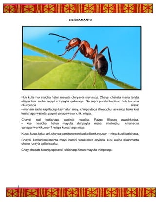 SISICHAMANTA
Huk kutis huk sisicha hatun mayuta chinpayta munasqa. Chaysi chakata mana tariyta
atispa huk sacha rapipi chinpayta qallarisqa. Ña raphi puririchkaptinsi, huk kurucha
rikurquspa nisqa:
- manam sacha rapillapiqa kay hatun mayu chinpaytaqa atiwaqchu. aswanqa haku kusi
kusichapa wasinta, paymi yanapawasunchik, nispa.
Chaysi kusi kusichapa wasinta risqaku. Payqa llikatas awachkasqa.
- kusi kusicha hatun mayuta chinpayta mana atinikuchu, ¿manachu
yanapariwankikuman? -nispa kuruchaqa nisqa.
Kusa, kusa, haku, arí, chayqa qamkunawan kuska llamkarqusun – nisqa kusi kusichaqa.
Chaysi, kimsantinkumanta, mayu patapi qurakunata arwispa, kusi kusipa llikanmanta
chaka rurayta qallarisqaku.
Chay chakata tukurquspataqsi, sisichaqa hatun mayuta chinpasqa.
 