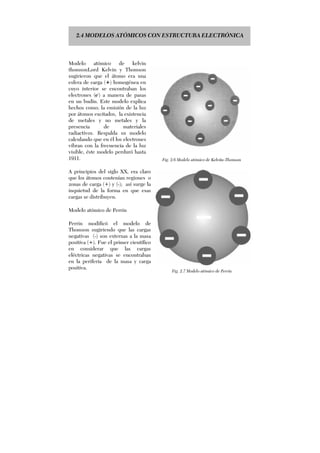 2.4 MODELOS ATÓMICOS CON ESTRUCTURA ELECTRÓNICA
Modelo atómico de kelvin
thomsonLord Kelvin y Thomson
sugirieron que el átomo era una
esfera de carga (+) homogénea en
cuyo interior se encontraban los
electrones (e-
) a manera de pasas
en un budín. Este modelo explica
hechos como; la emisión de la luz
por átomos excitados, la existencia
de metales y no metales y la
presencia de materiales
radiactivos. Respalda su modelo
calculando que en él los electrones
vibran con la frecuencia de la luz
visible, éste modelo perduró hasta
1911.
A principios del siglo XX, era claro
que los átomos contenían regiones o
zonas de carga (+) y (-); así surge la
inquietud de la forma en que esas
cargas se distribuyen.
Modelo atómico de Perrin
Perrin modificó el modelo de
Thomson sugiriendo que las cargas
negativas (-) son externas a la masa
positiva (+). Fue el primer científico
en considerar que las cargas
eléctricas negativas se encontraban
en la periferia de la masa y carga
positiva.
Fig. 2.6 Modelo atómico de Kelviin-Thomson
Fig. 2.7 Modelo atómico de Perrin
 