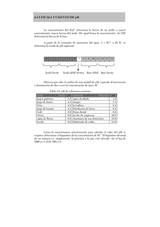 4.3.2 ESCALA Y CÁLCULO DE pH.
La concentración del H30+
determina la fuerza de un ácido, a mayor
concentración, mayor fuerza del ácido. De igual forma la concentración de OH-
determina la fuerza de la base.
A partir de la constante de ionización del agua 1 x 10-14
, a 25 °C. se
determinó la escala de pH siguiente:
0 1 2 3 4 5 6 7 8 9 10 11 12 13 14
Observa que sólo el cambio de una unidad de pH, equivale al incremento
o disminución de diez veces la concentración de iones H+
.
Como lo mencionamos anteriormente para calcular el valor del pH se
requiere determinar el logaritmo de la concentración de H+
. El logaritmo decimal
de un número es, simplemente, la potencia a la que esté elevado. Así el log de
1000 es 3, el de 100 es 2.
SUSTANCIA pH SUSTANCIA pH
Jugos gástricos 1.0 Agua destilada 7.0
Jugo de limón 2.3 Sangre 7.4
Vino 3.5 Levadura 8.4
Jugo de tomate 4.1 Disolución de bórax 9.2
Café 5.0 Pasta dental 9.9
Orina 6.0 Leche de magnesia 10.5
Agua de lluvia 6.5 Amoniaco de uso doméstico 11.9
Leche 6.6 Hidróxido de sodio 14.0
Ácido fuerte Ácido débil Neutra Base débil Base fuerte
Tabla 4.5 pH de soluciones comunes.
 