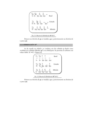 ↑↓ ↑↓↓↓↓ ↑ ↑
1s 2s 2px 2py 2pz Basal
↑↓ ↑↓↓↓↓ ↑ Exitado
1s 2s 2px 2py 2pz
↑↓ ↑ ↑↑↑↑ ↑ ↑
1s 2sp 2sp 2py 2pz Híbrido
Primero un electrón de px se traslada a pz y posteriormente un electrón de
s, pasa a px.
5.2.2 HIBRIDACIÓN SP2
.
Se da cuando un orbital s se combina con dos orbitales p dando como
resultado tres orbitales híbridos sp2
y un orbital puro. Se presenta en carbonos con
enlace doble ( C = C ). Figura 5.2
↑↓ ↑↓↓↓↓ ↑ ↑ Basal
1s 2s 2px 2py , 2pz
↑↓ ↑↓↓↓↓ ↑ ↑ Exitado
1s 2s 2px 2py 2pz
↑↓ ↑ ↑ ↑↑↑↑ ↑ Híbrido
1s 2sp2
2sp2
2sp2
2pz
Primero un electrón de py se traslada a pz y posteriormente un electrón de
s, pasa a py.
Fig. 5.1 Muestra la hibridación SP del C.
Fig. 5.2 Muestra la hibridación SP2
del C.
 