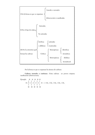 Lineales o normales
I Por la forma en que se organizan
Arborescentes o ramificadas
Saturadas
II Por el tipo de enlace
No saturadas
Acíclicas saturadas
o alifáticas insaturadas
III Por la estructura que Homogéneas Alicíclicas
forman las cadenas Cíclicas Aromáticas
Heterogéneas Alisílicas
AromáticasI.
Por la forma en que se organizan los átomos de carbono:
Cadenas normales o continuas.- Estas cadenas no poseen ninguna
ramificación (arborescencia).
Ejemplo: H H H H H
| | | | |
H – C – C – C – C – C – H ó CH3 – CH2 – CH2 – CH2 – CH3
| | | | |
H H H H H
 