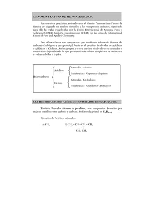 5.5 NOMENCLATURA DE HIDROCARBUROS.
Para nuestros propósitos, entenderemos el término “nomenclatura” como la
técnica de asignarle un nombre científico a los compuestos químicos, siguiendo
para ello las reglas establecidas por la Unión Internacional de Química Pura y
Aplicada (UIQPA), también conocida como IUPAC por las siglas de International
Union of Pure and Applied Chemistry.
Los hidrocarburos son compuestos que contienen solamente átomos de
carbono e hidrógeno y cuya principal fuente es el petróleo. Se dividen en Acíclicos
o Alifáticos y Cíclicos. Ambos grupos a su vez pueden subdividirse en saturados o
insaturados, dependiendo de que presenten sólo enlaces simples en su estructura
o enlaces dobles o triples.
Saturadas.- Alcanos
Acíclicos
Insaturadas.- Alquenos y alquinos
Hidrocarburos
Saturadas.- Cicloalcano
Cíclicos
Insaturadas.- Alicíclicos y Aromáticos
5.5.1 HIDROCARBUROS ACÍCLICOS SATURADOS E INSATURADOS.
También llamados alcanos o parafinas, son compuestos formados por
enlaces sencillos entre carbono y carbono. Su formula general es Cn H2n+ 2
Ejemplos de Acíclicos saturados:
a) CH4 b) CH3 – CH – CH – CH3
| |
CH3 CH3
 