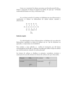 Como ya se mencionó los alcanos presentan una formula general CnH2n+2,
donde n representa el número de átomos de carbón, de aquí que la fórmula
condensada del butano sea C4H10 y del hexano C6H14.
Si a un alcano normal se le sustituye un hidrógeno por una arborescencia o
ramificación, se obtiene un hidrocarburo de cadena abierta, saturado y
arborescente.
H H H H H
| | | | |
H – C – C – C – C – C – H
| | | | |
H H CH2 H H
|
CH3
Radicales alquilo
Un radical alquilo se forma al desprenderse un hidrógeno de una cadena de
hidrocarburo, quedando un átomo de carbono con un par de electrones no
apareados, se representan con el símbolo R.
Para nombrar a estos radicales se cambia la terminación ano del alcano
correspondiente por il o ilo y se adiciona un prefijo para indicar el tipo de carbono
que está directamente enlazado a la cadena principal.
Los átomos de carbono se clasifican en primarios, secundarios, terciarios y
cuaternarios de acuerdo al número de átomos de carbono a los que están unidos.
Primario CH3 – Secundario – CH2 –
terciario
–CH –
Cuaternario |
– C –
|
 