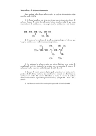 Nomenclatura de alcanos arborescentes
Para nombrar a los alcanos arborescentes se emplean las siguientes reglas
emitidas por la UIQPA.
1. Se busca la cadena mas larga, que tenga mayor número de átomos de
carbono. En caso de existir dos cadenas del mismo tamaño se elige la que tenga
mayor número de ramificaciones o la que presente las ramificaciones más simples.
CH3 – CH2 – CH – CH2 – CH – CH3
| |
CH3 CH2 – CH3
2. Se numeran los carbonos de la cadena, empezando por el extremo que
tenga las ramificaciones o arborescencias más próximas.
CH3 CH3 CH2 – CH3
| | |
1
CH3 – 2
CH – 3
CH2 – 4
C – 5
CH2 – 6
CH
| |
CH2
7
CH2
| |
CH3
8
CH3
3. Se nombran las arborescencias, en orden alfabético o en orden de
complejidad creciente, indicando la posición que corresponda al número de
carbono al cual se encuentra unido. Ejemplo 4 – etil - 2- metil.
4. En caso de existir grupos alquilo iguales, su número se indica con los
prefijos di, tri, tetra, etcétera; sin considerarlos cuando se alfabetizan las
ramificaciones. Antes del nombre del radical se indica el número de carbono
donde se encuentran, separándolo por una coma (,). Ejemplo 4,6 - dietil - 2,4 –
dimetil.
5. Por último se nombra la cadena principal con la terminación ano.
 