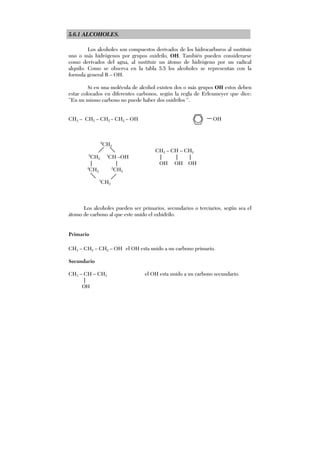 5.6.1 ALCOHOLES.
Los alcoholes son compuestos derivados de los hidrocarburos al sustituir
uno o más hidrógenos por grupos oxidrilo, OH. También pueden considerarse
como derivados del agua, al sustituir un átomo de hidrógeno por un radical
alquilo. Como se observa en la tabla 5.5 los alcoholes se representan con la
formula general R – OH.
Si en una molécula de alcohol existen dos o más grupos OH estos deben
estar colocados en diferentes carbonos, según la regla de Erlenmeyer que dice:
“En un mismo carbono no puede haber dos oxidrilos “.
CH3 – CH2 – CH2 – CH2 – OH OH
6
CH2
CH2 – CH – CH2
5
CH2
1
CH –OH | | |
| | OH OH OH
4
CH2
2
CH2
3
CH2
Los alcoholes pueden ser primarios, secundarios o terciarios, según sea el
átomo de carbono al que este unido el oxhidrilo.
Primario
CH3 – CH2 – CH2 – OH el OH esta unido a un carbono primario.
Secundario
CH3 – CH – CH3 el OH esta unido a un carbono secundario.
|
OH
 
