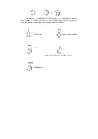 Para nombrar a los compuestos monosubstituidos del benceno, de acuerdo
a la UIQPAC, se escribe el nombre del grupo sustituyente, seguida de la palabra
benceno, aunque también son aceptables sus nombres comunes.
clorobenceno aminobenceno anilina
fenol
metilbenceno o tolueno (nombre común)
etilbenceno
ó ó
CH2CH3
CH3
Cl
OH
NH2
 