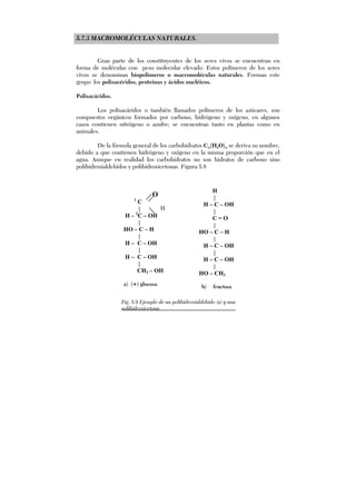 5.7.3 MACROMOLÉCULAS NATURALES.
Gran parte de los constituyentes de los seres vivos se encuentran en
forma de moléculas con peso molecular elevado. Estos polímeros de los seres
vivos se denominan biopolímeros o macromoléculas naturales. Forman este
grupo los polisacéridos, proteinas y ácidos nucléicos.
Polisacáridos.
Los polisacáridos o también llamados polímeros de los azúcares, son
compuestos orgánicos formados por carbono, hidrógeno y oxígeno, en algunos
casos contienen nitrógeno o azufre; se encuentran tanto en plantas como en
animales.
De la fórmula general de los carbohidratos Cn(H2O)n se deriva su nombre,
debido a que contienen hidrógeno y oxígeno en la misma proporción que en el
agua. Aunque en realidad los carbohidratos no son hidratos de carbono sino
polihidroxialdehídos y polihidroxicetonas. Figura 5.8
O
1
C
|
H – 2
C – OH
|
HO – C – H
|
H – C – OH
|
H – C – OH
|
CH2 – OH
a) (+) glucosa
H
H
|
H – C – OH
|
C = O
|
HO – C – H
|
H – C – OH
|
H – C – OH
|
HO – CH2
b) fructosa
Fig. 5.9 Ejemplo de un polihidroxialdehído (a) y una
polihidroxicetona
 