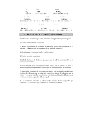 0 1+ 2- 2+ 6+ 2-
Br2 H2S CaSO4
2(0) = 0 2(1+) + (2-) = 0 (2+) + (6+)+4(-2) = 0
2+ 5+ 2- 1+ 5+ 2- 1+ 1+ 4+ 2-
Cu (NO3)2 H3PO4 NaHSO3
(2+) + 2(5+) + 6(2-) = 0 3(1+) + (5+) + 4(2-) = 0 (1+) + (1+) + (4+)+ 3(2-) =0
2+ 5+ 2- 1+ 6+ 2- 3+ 2- 1+
Fe3 (PO4)2 K2Cr2O7 Al (OH)3
3(2+) + 2(5+) + 8(2-) = 0 2(1+) + 2(6+) + 7(2-) = 0 (3+) + 3(2-) + 3(1+) = 0
1.1.4 BALANCEO DE ECUACIONES POR REDOX.
Para balancear ecuaciones por óxido-reducción se emplean los siguientes pasos.
1. Escribe correctamente la ecuación.
2. Asigna los números de oxidación de todos los átomos que participan en la
reacción y colócalos en la parte superior de su símbolo respectivo.
3. Identifica que elemento se oxida y cual se reduce.
4. Escribe las semi- ecuaciones.
5. Calcula el número de electrones que gana o pierde cada elemento (cambio en su
número de oxidación).
6. Si un elemento tiene número de oxidación cero, y éste se reduce o se oxida, el
número de electrones perdidos o ganados por él se multiplica por su subíndice.
7. Intercambia el número de electrones, de manera que la cantidad de electrones
perdidos del elemento que se oxida pase a ser el coeficiente del elemento que se
reduce y viceversa. Si ambos son divisibles efectúa la simplificación. El número de
electrones perdidos y ganados debe ser igual.
8. Los coeficientes obtenidos se colocan en las fórmulas de los compuestos que
contienen a los elementos que cambiaron su número de oxidación.
 