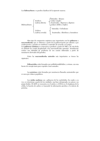 Los hidrocarburos se pueden clasificar de la siguiente manera:
Saturadas.- Alcanos
Acíclicos (enlace simple)
(cadena abierta) Insaturadas.- Alquenos y alquinos
Hidrocarburos (enlaces dobles y triples)
Saturadas.- Cicloalcano
Cíclicos
(cadena cerrada) Insaturadas.- Alicíclicos y Aromáticos
Otro tipo de compuestos orgánicos muy importantes son los polímeros o
macromoléculas que se obtienen a partir de la polimerización por adición o por
condensación, y pueden ser sintéticas o naturales de acuerdo a su origen.
Los polímeros sintéticos se empezaron a producir a partir de 1907 y de esta fecha
en adelante ha venido desplazando a las macromoléculas naturales. Actualmente
existen una infinidad de productos de uso común elaborados a partir de
monómeros derivados del petróleo.
Entre las macromoléculas naturales más importantes se tienen las
siguientes:
Polisacáridos están formados por polihidroxialdehídos y cetonas, son una
fuente de energía tanto para vegetales como animales.
Las proteínas están formadas por monómeros llamados aminoácidos que
se unen por enlaces peptídicos.
Los ácidos nucleicos son polímeros de los nucleótidos, los cuales a su
vez, se estructuran a partir de tres unidades: una base nitrogenada, un azúcar y un
grupo fosfato. El ADN se encuentra en el núcleo y el RNA en el citoplasma de la
célula, la función de ambos es transmitir la información genética y la síntesis de
proteína.
 