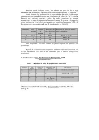 También puede definirse como: “La relación en masa de dos o más
elementos que se unen para dar una combinación química definida, es constante” 2
Proust formuló esta ley basándose en los resultados obtenidos en diferentes
experimentos, por ejemplo demostró que el carbonato de cobre (II) CuCO3, estaba
formado por, carbono, oxígeno y cobre, los cuales conservan las mismas
proporciones en masa: 1 átomo de carbono por 3 átomos de oxígeno y 1 átomo de
cobre, sin importar el método de preparación o el tamaño de la muestra. Tabla 1.1
las proporciones en masa de cada uno de los elementos en el CuCO3
Esta proporción en masa también se puede expresar en gramos o en
porcentajes.
A partir de la fórmula de un compuesto, podemos calcular el porcentaje en
el que intervienen cada uno de los elementos que la forman (composición
centésimal).
% del elemento = masa del elemento en el compuesto x 100
masa molecular
Tabla 1.1 Ejemplo de la ley de proporciones constantes.
Elemento Masa
atómica
Número de
átomos
Masa total de cada
elemento (g)
% del elemento
Cu 63.55 1 63.55 63.55/123.55 x 100 =51.43%
C 12 1 12 12/123.55 x 100 = 9.7 %
O 16 3 48
Masa molecular
123.55g
48/123.55 x 100 = 38.85%
2
Villarreal Fidel, Butruille Daniel R.J. Estequiometría, Ed Trillas, ANUIES.
1993, p.50.
Elemento Masa
atómica
Número
de
átomos
Masa total de
cada elemento
(g)
Relación en masa de átomos
en el compuesto
Cu 63.55 1 63.55 63.55/ 12 = 5.3
O 12 1 12 48/12 = 4
C 16 3 48 12/12 = 1
 