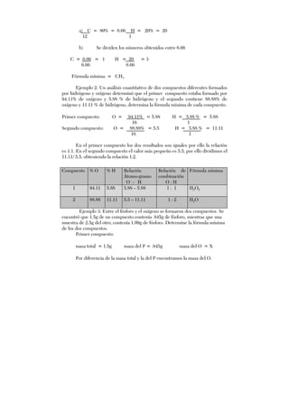 a) C = 80% = 6.66 H = 20% = 20
12 1
b) Se dividen los números obtenidos entre 6.66
C = 6.66 = 1 H = 20 = 3
6.66 6.66
Fórmula mínima = CH3
Ejemplo 2: Un análisis cuantitativo de dos compuestos diferentes formados
por hidrógeno y oxígeno determinó que el primer compuesto estaba formado por
94.11% de oxígeno y 5.88 % de hidrógeno y el segundo contiene 88.88% de
oxígeno y 11.11 % de hidrógeno, determina la fórmula mínima de cada compuesto.
Primer compuesto: O = 94.11% = 5.88 H = 5.88 % = 5.88
16 1
Segundo compuesto: O = 88.88% = 5.5 H = 5.88 % = 11.11
16 1
En el primer compuesto los dos resultados son iguales por ello la relación
es 1:1. En el segundo compuesto el valor más pequeño es 5.5, por ello dividimos el
11.11/ 5.5, obteniendo la relación 1:2.
Ejemplo 3: Entre el fósforo y el oxígeno se formaron dos compuestos. Se
encontró que 1.5g de un compuesto contenía .845g de fósforo, mientras que una
muestra de 2.5g del otro; contenía 1.09g de fósforo. Determine la fórmula mínima
de los dos compuestos.
Primer compuesto:
masa total = 1.5g masa del P = .845g masa del O = X
Por diferencia de la masa total y la del P encontramos la masa del O.
Compuesto % O % H Relación
Átomo-gramo
O - H
Relación de
combinación
O : H
Fórmula mínima
1 94.11 5.88 5.88 – 5.88 1 : 1 H2O2
2 88.88 11.11 5.5 – 11.11 1 : 2 H2O
 
