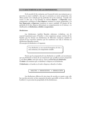 2.1.1 CARACTERÍSTICAS DE LAS DISPERSIONES.
En la mezcla de dos sustancias, por lo general existe una sustancia que se
presenta en mayor cantidad y otra que se encuentra en menor proporción, esta
última puede verse rodeada por las partículas de la otra sustancia. Cuando esto
ocurre se dice que se ha formado un sistema disperso o dispersión cuyos
componentes constituyen la fase dispersa (sustancia en menor proporción) y la
fase dispersante o dispersora (sustancia en mayor cantidad). El tamaño de las
partículas de la fase dispersa determinará su comportamiento en el sistema y su
clasificación en disoluciones, coloides o suspensiones.
Disoluciones
Las disoluciones, también llamadas soluciones verdaderas, son de
especial importancia para el hombre y otros organismos porque muchos de los
líquidos que los forman son disoluciones de diferentes sustancias; también la
mayoría de las reacciones químicas que los mantienen con vida se efectúan en
disoluciones llamadas acuosas.
El concepto de disolución es el siguiente:
Puesto que la composición de una disolución es variable, así encontramos
que una disolución se forma de un componente que se halla en menor proporción
y se le llama soluto y otro que está en mayor cantidad llamado disolvente:
El soluto es la sustancia que se distribuye o dispersa en la disolución.
El disolvente es el medio en el cual se dispersa o disuelve el soluto.
SOLUTO + DISOLVENTE = DISOLUCIÓN
Las disoluciones difieren de otros tipos de mezclas en cuanto a que solo
hay una fase presente; no hay separación de partes apreciable en forma visible. En
la tabla 2.1 se presentan las propiedades de las disoluciones.
Una disolución es una mezcla homogénea de dos o
más sustancias, de composición variable.
 