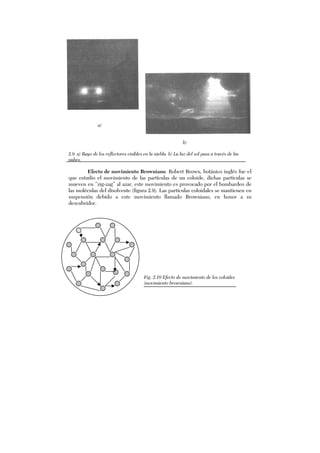 a)
b)
2.9 a) Rayo de los reflectores visibles en la niebla. b) La luz del sol pasa a través de las
nubes.
Efecto de movimiento Browniano. Robert Brown, botánico inglés fue el
que estudio el movimiento de las partículas de un coloide, dichas partículas se
mueven en “zig-zag” al azar, este movimiento es provocado por el bombardeo de
las moléculas del disolvente (figura 2.9). Las partículas coloidales se mantienen en
suspensión debido a este movimiento llamado Browniano, en honor a su
descubridor.
Fig. 2.10 Efecto de movimiento de los coloides
(movimiento browniano).
 