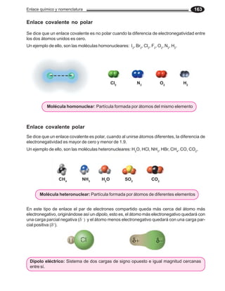 Enlace químico y nomenclatura                                                             163

Enlace covalente no polar

Se dice que un enlace covalente es no polar cuando la diferencia de electronegatividad entre
los dos átomos unidos es cero.
Un ejemplo de ello, son las moléculas homonucleares: I2, Br2, Cl2, F2, O2, N2, H2.




                                              Cl2           N2            O2         H2




           Molécula homonuclear: Partícula formada por átomos del mismo elemento



Enlace covalente polar
Se dice que un enlace covalente es polar, cuando al unirse átomos diferentes, la diferencia de
electronegatividad es mayor de cero y menor de 1.9.
Un ejemplo de ello, son las moléculas heteronucleares: H2O, HCl, NH3, HBr, CH4, CO, CO2,




                 CH 4         NH3       H2O          SO2            CO2


       Molécula heteronuclear: Partícula formada por átomos de diferentes elementos


En este tipo de enlace el par de electrones compartido queda más cerca del átomo más
electronegativo, originándose así un dipolo, esto es, el átomo más electronegativo quedará con
una carga parcial negativa (δ −) y el átomo menos electronegativo quedará con una carga par-
cial positiva (δ+).




 Dipolo eléctrico: Sistema de dos cargas de signo opuesto e igual magnitud cercanas
 entre sí.
 