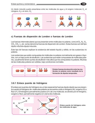 Enlace químico y nomenclatura                                                                                                                                       199

Un dipolo inducido puede presentarse entre las moléculas de agua y el oxígeno molecular, O2, el
nitrógeno, N2 o el cloro, Cl2.


                                                                                                                           δ+ δ −             δ+ δ−       δ+ δ−

              δ−                δ−             δ−                                                                           δ−                 δ−             δ−

     δ+            δ+      δ+        δ+   δ+            δ+                                                            δ+            δ+   δ+         δ+   δ+        δ+




c) Fuerzas de dispersión de London o fuerzas de London

Las fuerzas intermoleculares que se presentan entre moléculas no polares, como el Cl2, N2, O2,
CH4, CO2, I2, etc. se les denomina fuerzas de dispersión de London. Estas fuerzas son del tipo
dipolo inducido-dipolo inducido.
Este tipo de fuerzas explican la existencia del estado líquido y sólido, en las sustancias no
polares.
Las sustancias que están compuestas de moléculas no polares normalmente son gases o líqui-
dos, con un bajo punto de ebullición. Las sustancias que están compuestas de moléculas pola-
res, usualmente tienen puntos de ebullición más altos que los compuestos no polares. Muchas
de las moléculas polares son sólidas, bajo condiciones normales.


                                δ+ δ−                   δ+ δ−            δ+ δ −                   Existen fuerzas de atracción entre las mo-
                                                                                                  léculas no polares como resultado de la
                                                                                                  formación de dipolos temporales.




3.6.1 Enlace puente de hidrógeno
El enlace por puentes de hidrógeno es un tipo especial de fuerzas dipolo-dipolo que se presen-
ta cuando el hidrógeno de moléculas polares se encuentra unido a nitrógeno (N), oxígeno (O) o
flúor (F). El hidrógeno parcialmente positivo (δ+) de una molécula, es atraído por el nitrógeno,
oxígeno o flúor, parcialmente negativo (δ-) de la otra molécula.
                                                                                  ○                               ○
                                                                                          ○               ○
                                                    ○
                      ○ ○                               ○                                     ○
                          ○ ○                                                             ○
                                                             ○                        ○
                                                                 ○                ○
                                                                                                                       Enlace puente de hidrógeno entre
                                                                     ○                                            ○
          ○
              ○                                         ○
                                                             ○            ○
                                                                              ○                           ○
                                                                                                              ○        las moléculas de agua
                  ○                                 ○                             ○                   ○
                      ○                                                               ○
                                                                                          ○
                                                                                      ○           ○
                                                                              ○                       ○
                                                                                                          ○
 