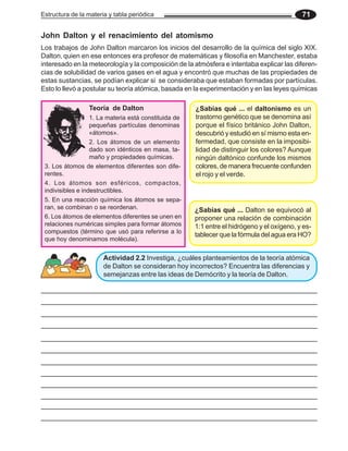 Estructura de la materia y tabla periódica                                                   71

John Dalton y el renacimiento del atomismo
Los trabajos de John Dalton marcaron los inicios del desarrollo de la química del siglo XIX.
Dalton, quien en ese entonces era profesor de matemáticas y filosofía en Manchester, estaba
interesado en la meteorología y la composición de la atmósfera e intentaba explicar las diferen-
cias de solubilidad de varios gases en el agua y encontró que muchas de las propiedades de
estas sustancias, se podían explicar si se consideraba que estaban formadas por partículas.
Esto lo llevó a postular su teoría atómica, basada en la experimentación y en las leyes químicas

                 Teoría de Dalton                      ¿Sabías qué ... el daltonismo es un
                   1. La materia está constituida de   trastorno genético que se denomina así
                   pequeñas partículas denominas       porque el físico británico John Dalton,
                   «átomos».                           descubrió y estudió en sí mismo esta en-
                   2. Los átomos de un elemento        fermedad, que consiste en la imposibi-
                   dado son idénticos en masa, ta-     lidad de distinguir los colores? Aunque
                   maño y propiedades químicas.        ningún daltónico confunde los mismos
 3. Los átomos de elementos diferentes son dife-       colores, de manera frecuente confunden
 rentes.                                               el rojo y el verde.
 4. Los átomos son esféricos, compactos,
 indivisibles e indestructibles.
 5. En una reacción química los átomos se sepa-
 ran, se combinan o se reordenan.                      ¿Sabías qué ... Dalton se equivocó al
 6. Los átomos de elementos diferentes se unen en      proponer una relación de combinación
 relaciones numéricas simples para formar átomos       1:1 entre el hidrógeno y el oxígeno, y es-
 compuestos (término que usó para referirse a lo
                                                       tablecer que la fórmula del agua era HO?
 que hoy denominamos molécula).


                       Actividad 2.2 Investiga, ¿cuáles planteamientos de la teoría atómica
                       de Dalton se consideran hoy incorrectos? Encuentra las diferencias y
                       semejanzas entre las ideas de Demócrito y la teoría de Dalton.
 
