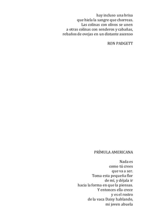 hay incluso una brisa
que hiela la sangre que chorreas.
Las colinas con olivos se unen
a otras colinas con senderos y cabañas,
rebaños de ovejas en un distante ascenso
RON PADGETT
PRÍMULA AMERICANA
Nada es
como tú crees
que va a ser.
Toma esta pequeña flor
de mí, y déjala ir
hacia la forma en que la piensas.
Y entonces ella crece
y es el rostro
de la vaca Daisy hablando,
mi joven abuela
 