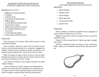 24
ASADO DE CARNE PICADA DE POLLO
De Mirta Mc Loughlin (San Francisco de Santa Fe)
Ingredientes (6 porciones)
 800g de carne picada de pollo
 2 cebollas
 2 dientes de ajo
 1 cucharada de perejil picado
 400g de papas
 1 cucharadita de pimentón dulce
 Sal y pimienta a gusto
 100g de pollo cortado en trocitos
 Pan rallado cantidad necesaria
 2 morrones
 2 cucharadita de orégano
 Azúcar negra cantidad necesaria
Preparación
Hervir las papas con la cáscara. Dejar enfriar, pelarlas y rallar
con rallador de queso.
Picar la cebolla y dorarla en aceite. Picar los dientes de ajo.
Cortar la carne de pollo picada en un recipiente y agregarle las
cebollas, el diente de ajo, el perejil, las papas, el pimentón, sal y
pimienta a gusto. Mezclar bien. Cortar los morrones en tiritas.
Mojar la mesada con agua y verter encima la carne de pollo.
Extender hasta lograr un espesor de 2cm. Poner encima los troci-
tos de pollo y las tiritas de morrón. Arrollar.
Dar vuelta el arrollado en pan rallado mezclado con queso
rallado y orégano.
Untar la budinera con aceite. Colocar el arrollado dentro y
rociarlo con un poco de aceite. Espolvorear con un poco de azú-
car negra. Cocinar en horno caliente durante unos 45 minutos.
Cortar en tajadas. Se puede comer tanto frío como caliente.
137
DULCE DE ZAPALLO
De Gricelda Zaragozi (San Francisco de Santa Fe)
Ingredientes
 4kg de calabaza
 1,8kg de azúcar
 ½ litro de agua
 10g de agar-agar
 1 chaucha de vainilla
 Jugo de limón
Preparación
Pelar la calabaza y cortarla en pequeños trozos. Agregarles el
azúcar y dejar en reposo entre 5 y 6 horas.
Agregar la chaucha de vainilla y el jugo de limón y cocinar du-
rante 90 minutos.
Preparar ½ litro de agua tibia con 10g de agar-agar y agregár-
selo al dulce.
Continuar revolviendo hasta que tenga un color amarillo bri-
llante. Colocar en un moldecito y dejar enfriar hasta que esté fir-
me.
 