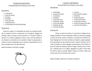 136
BUDIN DE MANZANA
De Nelida Saldivia (Las Moscas, Entre Ríos)
Ingredientes
 5 manzanas
 1 taza de azúcar
 3 huevos
 8 vainillas
 1 taza de leche
 1 copita de vino
 2 cucharadas de fruta abrillantada
Preparación
Cocinar en agua y 2 cucharadas de azúcar las manzanas pela-
das y cortadas. Escurrir y colocarlas en la licuadora. Agregar las
vainillas, leche y huevos y licuar durante 1 ½ minutos. Retirar y
colocar en un tazón y agregar el azúcar, vino y la fruta abrillanta-
da. Revestir una budinera con caramelo. Volcar la preparación y
cocinar en horno moderado unos 5 minutos. Desmoldar frio. Si se
seca se puede servir con jalea de fruta
Aporta proteínas, minerales, energía
25
CAZUELA DE POLLO
De Rosita Befart (Las Moscas, Entre Ríos)
Ingredientes
Preparación
Poner un poco de aceite en la cacerola y rehogar las pe-
chugas cortadas en trozos pequeños. Retirar la cacerola y agregar
un poco de aceite, poner la cebolla y la zanahoria cortadas en ju-
liana. Agregar los morrones cortados, el zapallo y seguir agregan-
do el ajo picado, la sal, pimienta, laurel, romero, tomillo y los to-
mates cortados en cubos. Agregar las pechugas, el vino blanco, 1
poco de caldo de verduras, bajar el fuego y cocinar unos 2 minu-
tos, cuidando que no se pegue. Agregarle el caldo si hace falta.
Por ultimo, poner el queso rallado, el apio y el puerro, dejar que
cocine unos 10 a 15 minutos mas y servir.
Aporta energía, vitaminas, minerales, proteínas.
 5 pechugas
 un poco de aceite
 1 zanahoria
 2 cebollas
 1 pimiento rojo
 1 pimiento verde
 1 trozo de zapallo
 2 dientes de ajo
 2 ramitas de apio
 1 puerro
 Sal y pimienta a gusto
 2 tomates
 2 hojas de laurel
 1 ramita de tomillo
 un poco de romero y
 Un poco de queso de rallar
 1 vaso de vino blanco
 