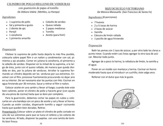26
CILINDRO DE POLLO RELLENO DE VERDURAS
con guarnición de papas al tomillo
De Débora Videla (Metileo, La Pampa)
Ingredientes
Preparación
Filetear la suprema de pollo hasta dejarla lo más fina posible,
colocarla sobre papel film o un nailon y condimentar con sal, pi-
mienta y ajo picados. Cortar en juliana la zanahoria, el pimiento y
la cebolla de verdeo. Disponer en la mitad de la suprema, a la lar-
go de ésta, junto con el queso rallado, de manera que queda divi-
dida en dos, por la juliana de verduras. Arrollar la suprema for-
mando un cilindro dejando ver las verduras por sus extremos. En-
volver con el film, presionar fuertemente procurando no dejar aire
en su interior. De ser necesario atar las puntas con hilo. Cocinar en
agua hirviendo por 30 minutos. Sacar y retirar el film o nailon.
Colocar aceite en una sartén y llevar al fuego; cuando éste este
bien caliente, poner el cilindro de pollo y hacerlo girar (con ayuda
de una pinza de cocina) hasta que se dore por completo.
Para la guarnición, debemos cortar las papas en cubos y colo-
carlas en una bandeja con un poco de aceite y sal y llevar al horno.
Cuando ya estén cocidas, dispersarle tomillo y seguir cocinando
hasta que queden bien doradas. Retirar.
Presentación Colocar sobre un plato el cilindro de pollo cortado en
uno de sus extremos para que se luzca el relleno y los colores de
las verduras. Al lado, disponer las papitas con una ramita de tomi-
llo bien fresca
 1 suprema de pollo
 Sal y pimienta a gusto
 1 diente de ajo
 Perejil
 1 zanahoria
 1 pimiento amarillo
 Cebolla de verdeo
 Queso rallado
 2 papas medianas
 Tomillo
 Aceite (para freír)
135
BIZCOCHUELO VICTORIANO
De Mónica Manavella (San Francisco de Santa Fe)
Ingredientes (8 porciones)
 7 huevos
 2 y ½ tazas de harina
 2 tazas de azúcar
 Vainilla
 Cáscara de limón rallada
 1 pocillo de agua hirviendo
Preparación
Batir las yemas con 1 taza de azúcar, y por otro lado las claras a
punto nieve. Cuando estén casi listas agregar la otra taza de azú-
car. Mezclar todo junto.
Agregar de a poco la harina, la ralladura de limón, la vainilla y
el agua.
Poner en un molde con manteca y harina. Cocinar en horno
moderado hasta que al introducir un cuchillo, éste salga seco.
Rellenar con el dulce que más le guste.
 