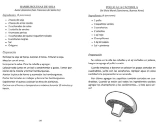 130
HAMBURGUESAS DE SOJA
Autor Anónimo (San Francisco de Santa Fe)
Ingredientes (8 porciones)
 2 tazas de soja
 2 tazas de arroz cocido
 2 cucharadas de salsa
 1 cebolla de verdeo
 4 tomates peritas
 4 cucharadas de queso roquefort rallado
 6 aceitunas negras
 Sal
 Orégano
Preparación
Remojar la soja 12 horas. Cocinar 2 horas. Triturar la soja.
Mezclar con el arroz.
Incorporar la salsa. Picar la cebolla y agregar.
Colocar todo junto en un bol y condimentar a gusto. Tomar por-
ciones de la mezcla y formar hamburguesas.
Aceitar la placa de horno y acomodar las hamburguesas.
Cortar los tomates en rodajas y decorar las hamburguesas.
Espolvorear el queso y colocar las tiras de aceitunas.
Cocinar en el horno a temperatura máxima durante 10 minutos y
hervir.
31
POLLO A LA CACEROLA
De Silvia Marel (Sansinena, Buenos Aires)
Ingredientes (6 porciones)
 1 pollo
 3 zapallitos verdes
 3 zanahorias
 2 cebollas
 1 ají rojo
 Champiñones
 1 kg de papas
 Sal – pimienta
Preparación
Se coloca en la olla las cebollas y el ají cortados en juliana,
luegon se agrega el pollo trozado.
Cuando empieza a dorarse se colocan las papas cortadas en
cuadraditos, junto con las zanahorias. Agregar agua en poca
cantidad si la preparación se ve secando.
Por último agregar los zapallitos también cortados en cua-
draditos. Cuando ya están casi todos los ingredientes cocidos
agregar los champiñones y los condimentos… y listo para ser-
vir!
 