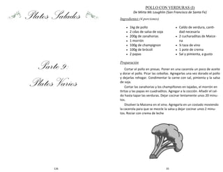 126
Platos Salados
Parte 9:
Platos Varios
35
POLLO CON VERDURAS (I)
De Mirta Mc Loughlin (San Francisco de Santa Fe)
Ingredientes (4 porciones)
Preparación
Cortar el pollo en presas. Poner en una cacerola un poco de aceite
y dorar el pollo. Picar las cebollas. Agregarlas una vez dorado el pollo
y dejarlas rehogar. Condimentar la carne con sal, pimienta y la salsa
de soja.
Cortar las zanahorias y los champiñones en tajadas, el morrón en
tiritas y las papas en cuadraditos. Agregar a la cocción. Añadir el cal-
do hasta tapar las verduras. Dejar cocinar lentamente unos 20 minu-
tos.
Disolver la Maicena en el vino. Agregarla en un costado moviendo
la cacerola para que se mezcle la salsa y dejar cocinar unos 2 minu-
tos. Rociar con crema de leche
 1kg de pollo
 2 cdas de salsa de soja
 200g de zanahorias
 1 morrón
 100g de champignon
 100g de brócoli
 2 papas
 Caldo de verdura, canti-
dad necesaria
 2 cucharaditas de Maice-
na
 ¼ taza de vino
 1 pote de crema
 Sal y pimienta, a gusto
 