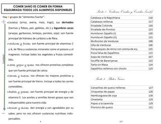 4
COMER SANO ES COMER EN FORMA
EQUILIBRADA TODOS LOS ALIMENTOS DISPONIBLES
Hay 6 grupos de “alimentos fuente”:
Cereales (arroz, avena, maíz, trigo), sus derivados
(harinas y fideos, pan, galletas, etc.) y legumbres secas
(arvejas, garbanzos, lentejas, porotos, soja): son fuente
principal de hidratos de carbono y de fibra.
Verduras y frutas: son fuente principal de vitaminas C
y A, de fibra y sustancias minerales como el potasio y el
magnesio. Incluye todos los vegetales y frutas comesti-
bles.
Leche, yogur y queso: nos ofrecen proteínas completas
que son fuente principal de calcio.
Carnes y huevos: nos ofrecen las mejores proteínas y
son fuente principal de hierro. Incluye a todas las carnes
comestibles.
Aceites y grasas: son fuente principal de energía y de
vitamina E. Los aceites y semillas tienen grasas que son
indispensables para nuestra vida.
Azúcar y dulces: dan energía y son agradables por su
sabor, pero no nos ofrecen sustancias nutritivas indis-
pensables.
Cantidad
157
Parte 9: Platos Varios
Parte 8: Verduras Crudas y Cocidas (cont)
 