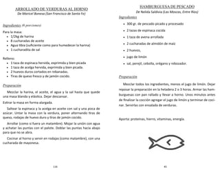 116
ARROLLADO DE VERDURAS AL HORNO
De Maricel Bonesa (San Francisco de Santa Fe)
Ingredientes (6 porciones)
Para la masa:
 1/2kg de harina
 8 cucharadas de aceite
 Agua tibia (suficiente como para humedecer la harina)
 1 cucharadita de sal
Relleno:
 1 taza de espinaca hervida, exprimida y bien picada
 1 taza de acelga hervida, exprimida y bien picada.
 2 huevos duros cortados en rebanadas.
 Tiras de queso fresco y de jamón cocido.
Preparación
Mezclar la harina, el aceite, el agua y la sal hasta que quede
una masa blanda y elástica. Dejar descansar.
Estirar la masa en forma alargada.
Saltear la espinaca y la acelga en aceite con sal y una pizca de
azúcar. Untar la masa con la verdura, poner alternando tiras de
queso, rodajas de huevo duro y tiras de jamón cocido.
Arrollar (como si fuera un matambre). Mojar la unión con agua
y achatar las puntas con el palote. Doblar las puntas hacia abajo
para que no se abra.
Cocinar al horno y servir en rodajas (como matambre), con una
cucharada de mayonesa.
45
HAMBURGUESA DE PESCADO
De Nelida Saldivia (Las Moscas, Entre Ríos)
Ingredientes
 300 gr. de pescado picado y procesado
 2 tazas de espinaca cocida
 1 taza de avena arrollada
 2 cucharadas de almidón de maíz
 2 huevos,
 jugo de limón
 sal, perejil, cebolla, orégano y rebozador.
Preparación
Mezclar todos los ingredientes, menos el jugo de limón. Dejar
reposar la preparación en la heladera 2 o 3 horas. Armar las ham-
burguesas con pan rallado y llevar a horno. Unos minutos antes
de finalizar la cocción agregar el jugo de limón y terminar de coci-
nar. Servirlas con ensalada de verduras.
Aporta: proteínas, hierro, vitaminas, energía.
 