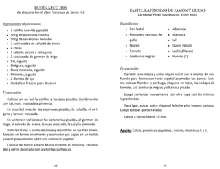 112
BUDÍN ARCO IRIS
De Graciela Farré (San Francisco de Santa Fe)
Ingredientes (4 porciones)
 1 coliflor hervida y picada
 500g de espinacas cocidas
 500g de zanahorias hervidas
 2 cucharadas de salvado de avena
 4 claras
 1 cebolla picada y rehogada
 1 cucharada de germen de trigo
 Sal, a gusto
 Orégano, a gusto
 Nuez moscada, a gusto
 Pimienta, a gusto
 2 dientes de ajo
 Hortalizas frescas para decorar
Preparación
Colocar en un bol la coliflor y los ajos picados. Condimentar
con sal, nuez moscada y pimienta.
En otro bol mezclar las espinacas picadas, la cebolla, el oré-
gano y la nuez moscada.
En un tercer bol colocar las zanahorias pisadas, el germen de
trigo, el salvado de avena, la nuez moscada, la sal y la pimienta.
Batir las claras a punto de nieve y repartirlas en los tres bowls.
Mezclar en forma envolvente y acomodar por capas en un molde
savarín previamente lubricado con rocío vegetal.
Cocinar en horno a baño María durante 30 minutos. Desmol-
dar y servir decorado con las hortalizas frescas.
49
PASTEL RAPIDÍSIMO DE JAMÓN Y QUESO
De Mabel Pérez (Las Moscas, Entre Ríos)
Ingredientes
Preparación
Derretir la manteca y untar el pan lactal con la misma. En una
fuente para horno con rocío vegetal acomodar los panes. Enci-
ma colocar fiambre o pechuga, el queso en fetas, las rodajas de
tomate, sal, aceitunas negras y albahaca picada.
Luego comenzar nuevamente con otra capa con los mismos
ingredientes.
Para ligar, volcar sobre el pastel la leche y los huevos batidos.
Luego colocar queso rallado.
Llevar a horno fuerte 10 min.
Aporta: Calcio, proteínas vegetales., hierro, vitaminas A y E.
 Pan lactal
 Fiambre o pechuga de
pollo
 Queso
 Tomate
 Aceitunas negras
 Albahaca
 Manteca
 Sal
 Queso rallado
 Leche(2 tazas)
 Huevos (4)
 