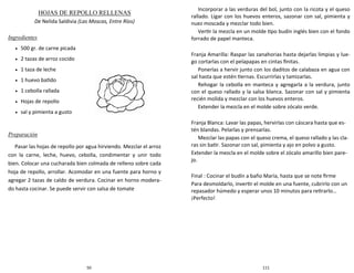 50
HOJAS DE REPOLLO RELLENAS
De Nelida Saldivia (Las Moscas, Entre Ríos)
Ingredientes
 500 gr. de carne picada
 2 tazas de arroz cocido
 1 taza de leche
 1 huevo batido
 1 cebolla rallada
 Hojas de repollo
 sal y pimienta a gusto
Preparación
Pasar las hojas de repollo por agua hirviendo. Mezclar el arroz
con la carne, leche, huevo, cebolla, condimentar y unir todo
bien. Colocar una cucharada bien colmada de relleno sobre cada
hoja de repollo, arrollar. Acomodar en una fuente para horno y
agregar 2 tazas de caldo de verdura. Cocinar en horno modera-
do hasta cocinar. Se puede servir con salsa de tomate
111
Incorporar a las verduras del bol, junto con la ricota y el queso
rallado. Ligar con los huevos enteros, sazonar con sal, pimienta y
nuez moscada y mezclar todo bien.
Vertir la mezcla en un molde tipo budín inglés bien con el fondo
forrado de papel manteca.
Franja Amarilla: Raspar las zanahorias hasta dejarlas limpias y lue-
go cortarlas con el pelapapas en cintas finitas.
Ponerlas a hervir junto con los daditos de calabaza en agua con
sal hasta que estén tiernas. Escurrirlas y tamizarlas.
Rehogar la cebolla en manteca y agregarla a la verdura, junto
con el queso rallado y la salsa blanca. Sazonar con sal y pimienta
recién molida y mezclar con los huevos enteros.
Extender la mezcla en el molde sobre zócalo verde.
Franja Blanca: Lavar las papas, hervirlas con cáscara hasta que es-
tén blandas. Pelarlas y prensarlas.
Mezclar las papas con el queso crema, el queso rallado y las cla-
ras sin batir. Sazonar con sal, pimienta y ajo en polvo a gusto.
Extender la mezcla en el molde sobre el zócalo amarillo bien pare-
jo.
Final : Cocinar el budín a baño María, hasta que se note firme
Para desmoldarlo, invertir el molde en una fuente, cubrirlo con un
repasador húmedo y esperar unos 10 minutos para retirarlo…
¡Perfecto!
 