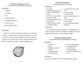 54
GUISO DE ARROZ A LAANA
De Anabella Sarricueta (Metileo, La Pampa)
Ingredientes
 1 cebolla
 1 zanahoria
 ½ ají
 Caldo de verduras
 Sal y pimienta a gusto
 2 tazas de arroz
 Carne picada sin grasa
Preparación
Colocar en una olla la cebolla bien picada con la zanahoria
rallada y el medio ají; llevar a fuego lento hasta que se doren
las verduras. Una vez cocinado agregar el caldo de verduras, y
luego la carne picada. Dejar cocinar a fuego moderado hasta
lograr una excelente cocción. Por último agregar el arroz.
107
SOPA DE VERDURAS
De Chola (Las Moscas, Entre Ríos)
Ingredientes
Preparación
En la olla donde se dora la cebolla y el ajo, agregar agua hir-
viendo y todas las verduritas cortaditas. Cuando estén tiernas
agregar los fideos. Servir la sopa con queso rallado
 1/2 cebolla
 1 diente de ajo picado y do-
rado en 1 cucharada de
aceite
 1 1/2 Ltr. de agua caliente
 1 cubito de caldo
 1 trozo de calabacita corta-
das en cubos
 1 papa cortada en cubos
 1 zanahoria rallada
 1 zapallito de tronco corta-
dito
 1 choclo rallado
 1 taza de arvejas
 Ramas de apio, perejil, oré-
gano
 1 hoja de laurel
 Queso rallado
 2 o 3 cucharadas de fideos
chiquitos
SOPA DE VERDURAS (II)
De Eva Roldán y María Berón (Metileo, La Pampa)
Ingredientes
Preparación
Hervir todo y se puede servir con pedacitos de pan tostado
 1 zanahoria
 1 papa
 ¼ calabaza pequeña
 1 batata
 1 choclo pequeño
 ½ taza de arvejas
 1 puerro (parte blanca)
 1 cebolla de verdeo
 1 rama de apio
 2 hojas de acelga
 2 cubitos de caldo de ver-
dura
 