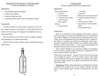 100
ROSQUITAS DE GRASA Y VINO BLANCO
De Leti Luna (Metileo, La Pampa)
Ingredientes:
 4 cucharadas soperas de Azúcar
 1 Taza de vino blanco
 2 tazas de Grasa de cerdo
 2 Tazas de Harina cuatro ceros, y extra para amasar
Preparación:
Se coloca el azúcar en un bol, junto a la grasa y el vino y se
une. Luego, de a poco, se incorpora la harina hasta formar una
masa no tan dura y que no se pegue en los dedos (en ese mo-
mento está lista).
Formar choricitos con la masa y cortar en rodajas. Disponer
los redondeles en un molde enharinado.
Cocinar 10 min en horno. Retirar y pasar calientes por azúcar.
Dejar enfriar.
61
CANELONES
De Ester Gandioni (Sansinena, Buenos Aires)
Ingredientes
Preparación
Masa: En un bol batir los huevos, agregar la leche y poco a poco la
harina hasta lograr la consistencia adecuada para servir la preparación
con cucharón. Agregar la cucharada de aceite. Dejar descansar ½ hora.
Luego, rociar una panquequera con rocío vegetal y poner a fuego me-
dio. Utilizar un cucharón para distribuir la preparación sobre la pan-
quequera. Cuando está cocido, ayudarse con la espátula y darlo vuelta.
Cocinar un ratito del otro lado y …. Lista la tapa de panqueques! No
descuidarse porque cada vez se hacen más rápido.
Para el relleno: Rehogar en una cacerola la cebolla y el ají. Agregar
la carne picada y la acelga. Luego condimentar y complementar el re-
lleno con queso rallado y salsa blanca.
¿Cómo hacer la salsa blanca? Disolver en 250 cc de leche descremada
una cucharada de aceite y 3 de harina común. Cocinar sobre fuego
suave revolviendo continuamente. Agregar sal, pimienta, nuez mosca-
da y queso rallado a gusto. (Si se desea una consistencia más liviana,
utilizar más leche).
Presentación: Rellenar cada panqueque con la preparación sugerida
y colocarlos uno al lada de otro en una asadera. Cubrirlos con salsa
blanca y queso rallado a gusto. También se puede decorar con salsa
roja.
Masa de panqueques:
 2 huevos
 ½ litro de leche
 ½ taza de harina común
 1 cda de aceite
 Rocío vegetal
Relleno:
 1 cda de aceite
 1 cebolla
 ½ ají verde
 200 gr de carne picada especial
 1 atado de acelga hervida y pi-
cada
 1 taza de queso rallado
 Sal, pimienta y nuez moscada a
gusto
 1 taza de salsa blanca
 