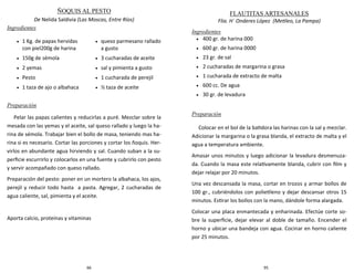 66
ÑOQUIS AL PESTO
De Nelida Saldivia (Las Moscas, Entre Ríos)
Ingredientes
Preparación
Pelar las papas calientes y reducirlas a puré. Mezclar sobre la
mesada con las yemas y el aceite, sal queso rallado y luego la ha-
rina de sémola. Trabajar bien el bollo de masa, teniendo mas ha-
rina si es necesario. Cortar las porciones y cortar los ñoquis. Her-
virlos en abundante agua hirviendo y sal. Cuando suban a la su-
perficie escurrirlo y colocarlos en una fuente y cubrirlo con pesto
y servir acompañado con queso rallado.
Preparación del pesto: poner en un mortero la albahaca, los ajos,
perejil y reducir todo hasta a pasta. Agregar, 2 cucharadas de
agua caliente, sal, pimienta y el aceite.
Aporta calcio, proteínas y vitaminas
 1 Kg. de papas hervidas
con piel200g de harina
 150g de sémola
 2 yemas
 Pesto
 1 taza de ajo o albahaca
 queso parmesano rallado
a gusto
 3 cucharadas de aceite
 sal y pimienta a gusto
 1 cucharada de perejil
 ½ taza de aceite
95
FLAUTITAS ARTESANALES
Flia. H´ Onderes López (Metileo, La Pampa)
Ingredientes
 400 gr. de harina 000
 600 gr. de harina 0000
 23 gr. de sal
 2 cucharadas de margarina o grasa
 1 cucharada de extracto de malta
 600 cc. De agua
 30 gr. de levadura
Preparación
Colocar en el bol de la batidora las harinas con la sal y mezclar.
Adicionar la margarina o la grasa blanda, el extracto de malta y el
agua a temperatura ambiente.
Amasar unos minutos y luego adicionar la levadura desmenuza-
da. Cuando la masa este relativamente blanda, cubrir con film y
dejar relajar por 20 minutos.
Una vez descansada la masa, cortar en trozos y armar bollos de
100 gr., cubriéndolos con polietileno y dejar descansar otros 15
minutos. Estirar los bollos con la mano, dándole forma alargada.
Colocar una placa enmantecada y enharinada. Efectúe corte so-
bre la superficie, dejar elevar al doble de tamaño. Encender el
horno y ubicar una bandeja con agua. Cocinar en horno caliente
por 25 minutos.
 