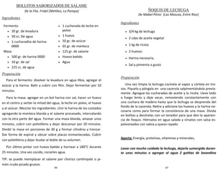 94
BOLLITOS SABORIZADOS DE SALAME
De la Flia. Fridel (Metileo, La Pampa)
Ingredientes
Preparación
Para el fermento: disolver la levadura en agua tibia, agregar el
azúcar y la harina. Batir y cubrir con film. Dejar fermentar por 10
minutos.
Para la masa: agregar en un bol harina con sal, hacer un hueco
en el centro y verter la mitad del agua, la leche en polvo, el huevo
y el azúcar. Mezclar los ingredientes. Unir la harina de los costados
agregando la manteca blanda y el salame procesado, intercalando
con la otra parte del agua. Formar una masa blanda, amasar unos
minutos, cubrir con polietileno y dejar descansar por 20 minutos.
Dividir la masa en porciones de 30 g y formar cilindros y trenzar.
Dar forma de espiral y ubicar sobre placas enmantecadas. Cubrir
con polietileno y dejar leudar al doble de su volumen.
Por último pintar con huevo batido y hornear a 180°C durante
25 minutos. Una vez cocido, rociarles agua.
TIP: se puede reemplazar el salame por chorizo cantimpalo o ja-
món crudo picado grueso.
Fermento
 20 gr. de levadura
 50 cc. De agua
 1 cucharadita de harina
0000
Masa
 500 gr. de harina 0000
 10 gr. de sal
 225 cc. de agua
 1 cucharada de leche en
polvo
 1 huevo
 50 gr. de azúcar
 65 gr. de manteca
 125 gr. de salame
 Huevo batido
 Agua
67
ÑOQUIS DE LECHUGA
De Mabel Pérez (Las Moscas, Entre Ríos)
Ingredientes
 3/4 kg de lechuga
 2 cdas de aceite vegetal
 1 kg de ricota
 2 huevos
 Harina necesaria.
 Sal y pimienta a gusto
Preparación
Una vez limpia la lechuga cocínela al vapor y córtela en tro-
zos. Píquela y póngala en una cacerola salpimentándola previa-
mente. Agregue las cucharadas de aceite y la ricota. Lleve todo
a fuego lento y deje secar, removiendo constantemente con
una cuchara de madera hasta que la lechuga se desprenda del
fondo de la cacerola. Retire y adicione los huevos y la harina ne-
cesaria como para formar la consistencia de una masa. Divida
en bolitas y decórelas con un tenedor para que den la aparien-
cia de ñoquis. Hiérvalos en agua salada y sírvalos con salsa es-
polvoreados con salvia y queso rayado.
Aporta: Energía, proteínas, vitaminas y minerales,
Lavar con mucho cuidado la lechuga, dejarla sumergida duran-
te unos minutos o agregar al agua 2 gotitas de lavandina
 