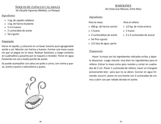 68
ÑOQUIS DE ZAPALLO CALABAZA
De Claudia Figueroa (Metileo, La Pampa)
Ingredientes
 1 kg. de zapallo calabaza
 1 kg. de harina leudante
 5 o 6 huevos
 2 cucharadas de aceite
 Sal a gusto
Preparación
Hervir el zapallo, y colocarlo en un bowl, hacerlo puré agregándole
aceite y sal. Mezclar con harina y huevos. Formar una masa suave
sin que se pegue en la mesa. Realizar bastones, y luego cortarlos
en cuadraditos y pasarlos por la noquera o tenedor. Poner en agua
hirviendo con sal y medio pocillo de aceite.
Se puede acompañar con salsa con pollo o carne, con crema y que-
so, aceite y queso o salsa blanca y queso.
93
BAREKINES
De Chola (Las Moscas, Entre Ríos)
Ingredientes
Preparación
Hacer la masa con los ingredientes indicados arriba, y dejar-
la descansar. Luego mezclar muy bien los ingredientes para el
relleno. Estirar la masa como para ravioles y cortar en cuadra-
dos de 5 cm. Poner 1 cucharada de relleno, hacer un triangulo
presionando bien para que no se abran. Cocinar en agua hir-
viendo, escurrir, poner en una fuente con 3 cucharadas de cre-
ma y cubrir con pan rallado dorado en aceite.
Para la masa
 400 gr. de harina común
 1 huevo
 2 cucharaditas de aceite
 Sal fina a gusto
 1/2 taza de agua, aprox.
Para el relleno
 1/2 kg. de ricota entera
 1 huevo
 2 o 3 cucharadas de azúcar
 